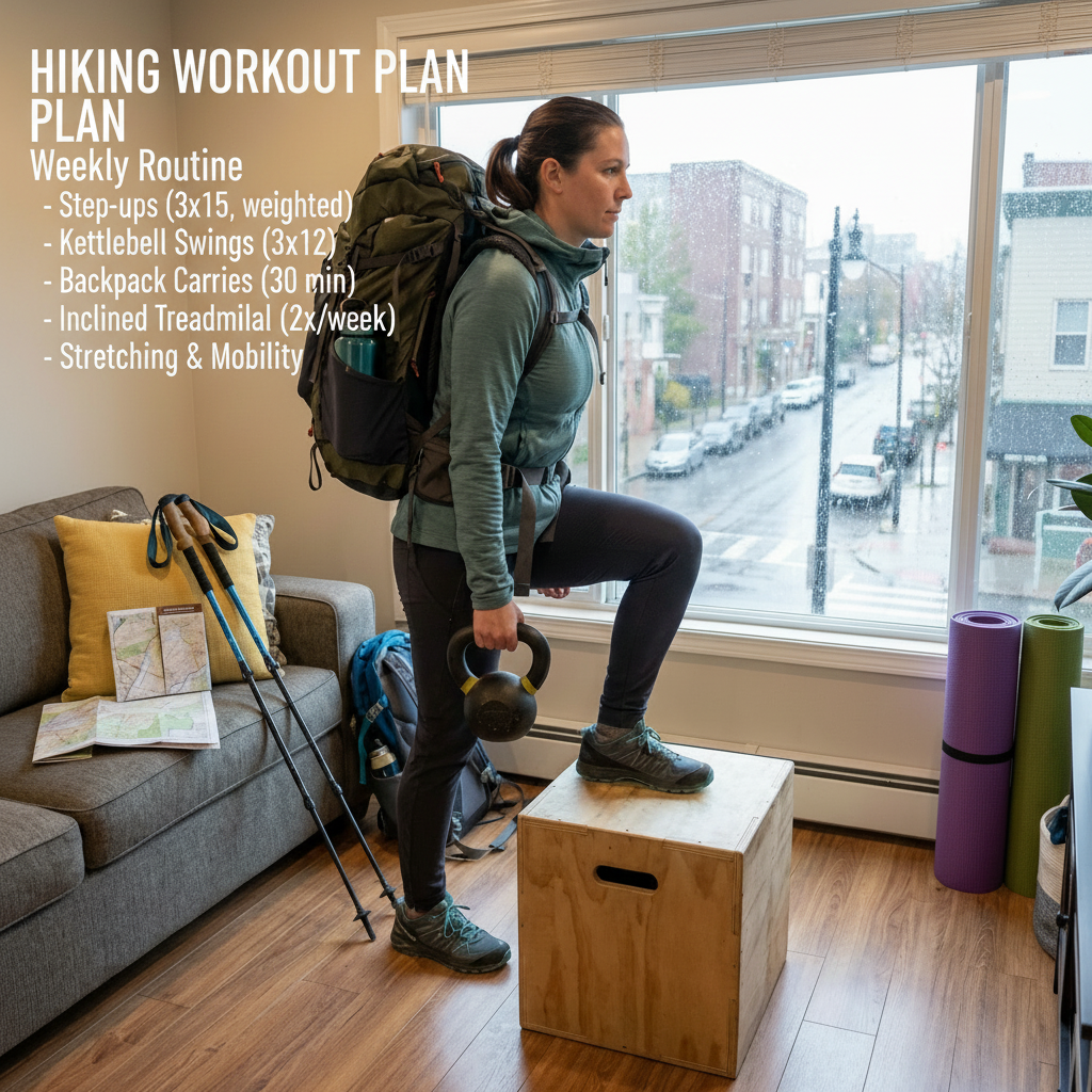 Woman wearing a hiking backpack and holding a kettlebell performing step-ups on a wooden box.